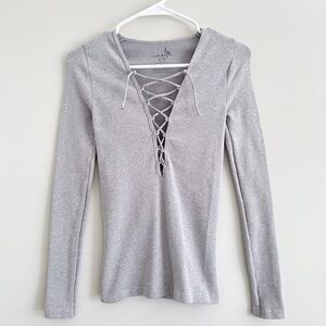 Free People Intimately Collection Grey Ribbed Lace-up Boho Top Size Small